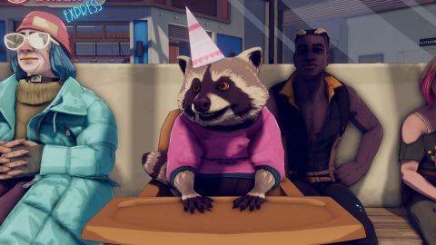 Dustborn screenshot with a raccoon birthday party