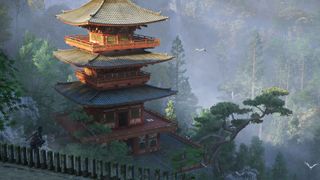 A screenshot of a temple on a mountain during the new game Assassin's Creed Shadows.